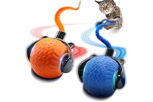wisafoi 2Pcs Interactive Cat Toy for Indoor Cats, Speedy Ball with Tail, Automatic Moving Cat Balls for Bored Indoor Adult Cats, 360°Automatic Rolling Ball Toy, Two Speed Adjustment（Orange&Blue）