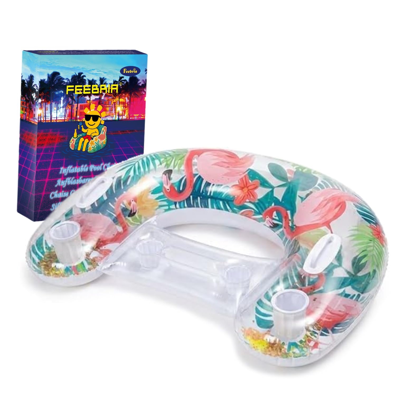 Inflatable Pool Float Lounger with Backrest & Cupholders, Flamingo Tropical Leaves Floating Chair for Adults & Kids, Heavy Duty Lake Floaties with Handles, Summer Water Fun Relaxation Party Supplies