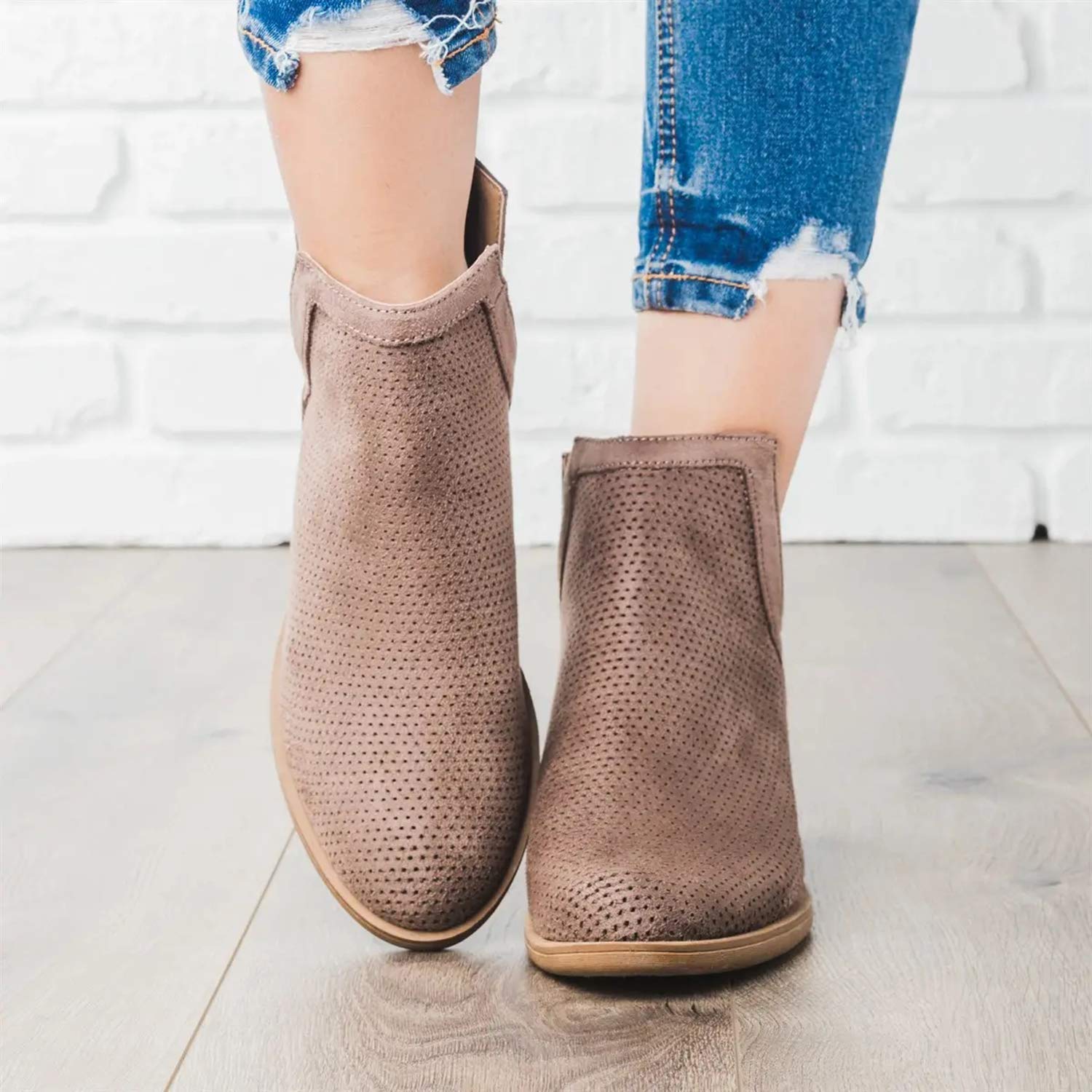Womens Perforated Cutout Fall Booties Chunky Block Heels Slip on Ankle Short Boots Dark Brown - Image 3
