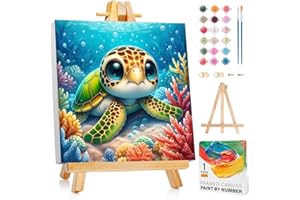 ARTTOPLUS Paint by Numbers Kit for Kids with Frame,Sea Turtle Paint by Numbers for Kids Ages 8-12 with Wooden Easel,Easy DIY Animal Acrylic Oil Painting by number Kid for Gift Home Wall Decor(8x8 inch)