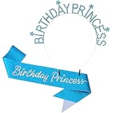 Canitor Birthday Decorations for Girls Women Birthday Princess Girl Crown Tiara Sash Set Birthday Headband Gift