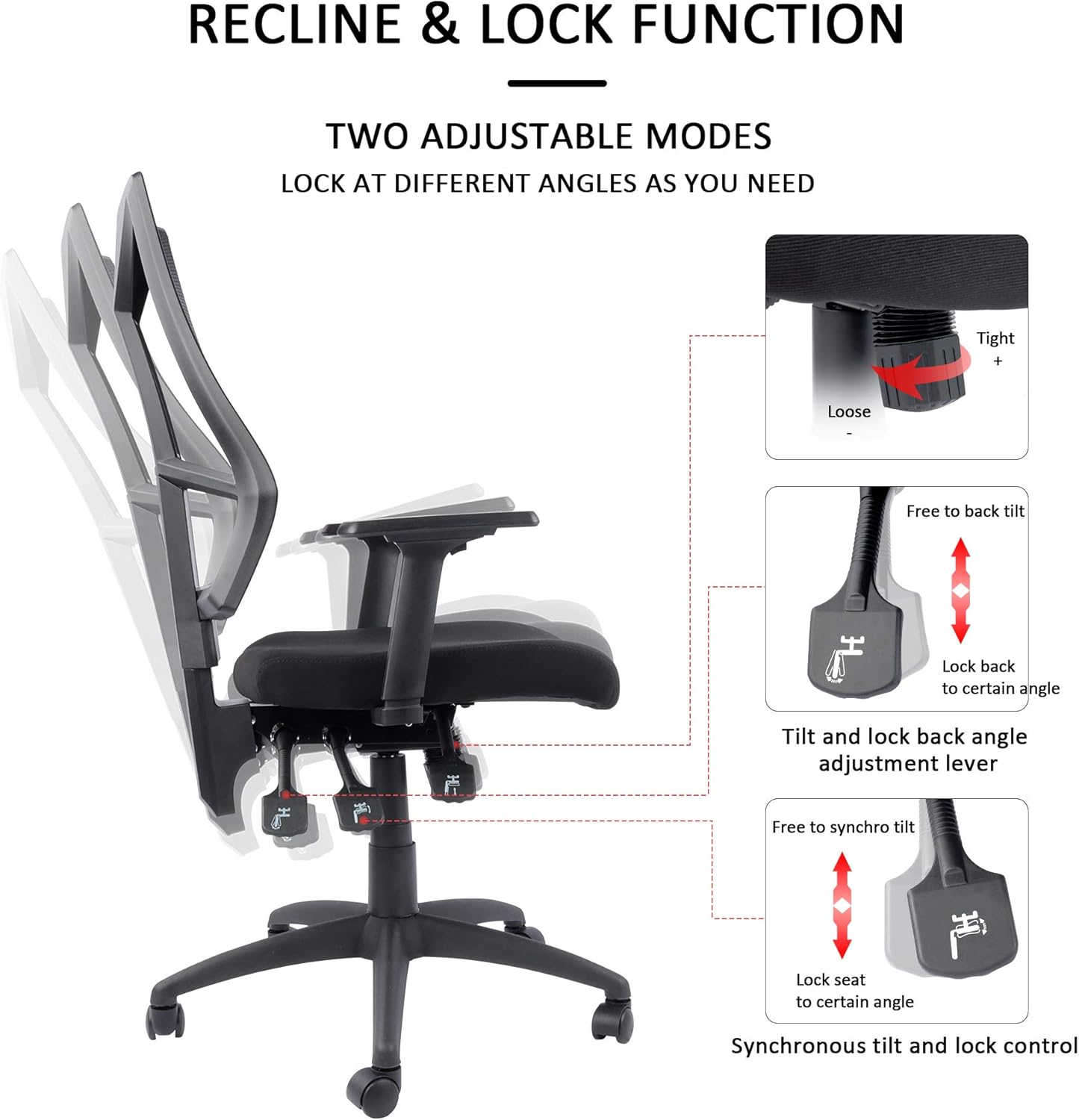High-Back Ergonomic Desk Chair Mesh Swivel Task Office Chair with Adjustable Arms, Seat and Backrest (Black): Kitchen & Dining