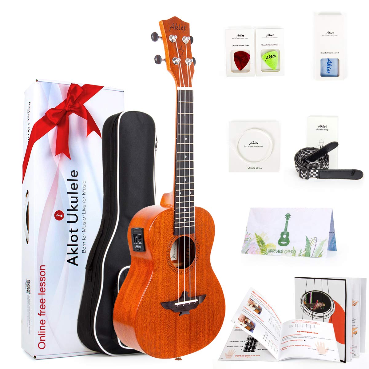 Aklot Electric Ukulele Concert 23 Inch Ukele Solid Mahogany Uke Starter Kit With Free Online Lesson 8 Packs Accessory (Gig Bag Picks Strap String Cleaning Cloth Instruction Book Gift Box)