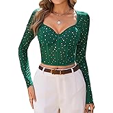 Avidlove Women Mesh Tops Long Sleeve Sparkle Crop Top Square Neck Y2K Date Night Outfits S-XXL