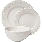 Tabletops Gallery Embossed White Porcelain Round Dinnerware - Bloom 12 Piece Dinnerware Set