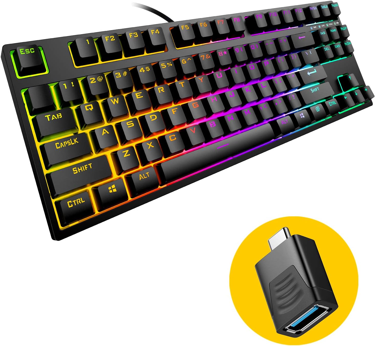 New Version TKL Compact Mechanical Gaming Keyboard, Hiwings HI100 RGB LED Rainbow Backlit 80% 87 Keys Keyboard with Blue Switches,Compatible Windows, Mac with Type C Adapter (Extra OTG): Computers & Accessories