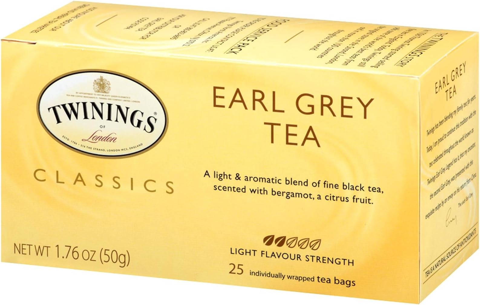TWININGS 09183 Tea Bags, Earl Grey, 1.76 oz, 25/Box