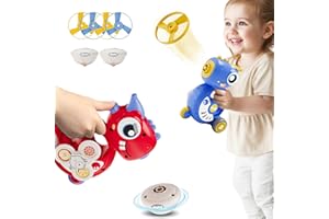 iPlay, iLearn Kids Dinosaur Flying Disc Launcher Toys, Toddler Push Go Friction Dinos Cars, Indoor Outdoor Spinning Top Yard Play Set, Birthday Gift for 12-18 Month, 1 2 3-6 Years Old Boys Girls Child