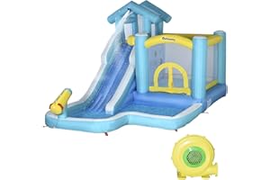 Outsunny 5-in-1 Kids Inflatable Bounce House Jumping Castle with Slide, Climbing Wall, Trampoline, & Water Pool Area, Water Cannon, Sea Balls, Air Blower