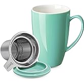 Sweese 15oz Porcelain Tea Mug with Infuser and Lid – Microwave Safe, Ergonomic Handle, Lead-Free Glaze, for Loose Leaf Tea Mint Green;