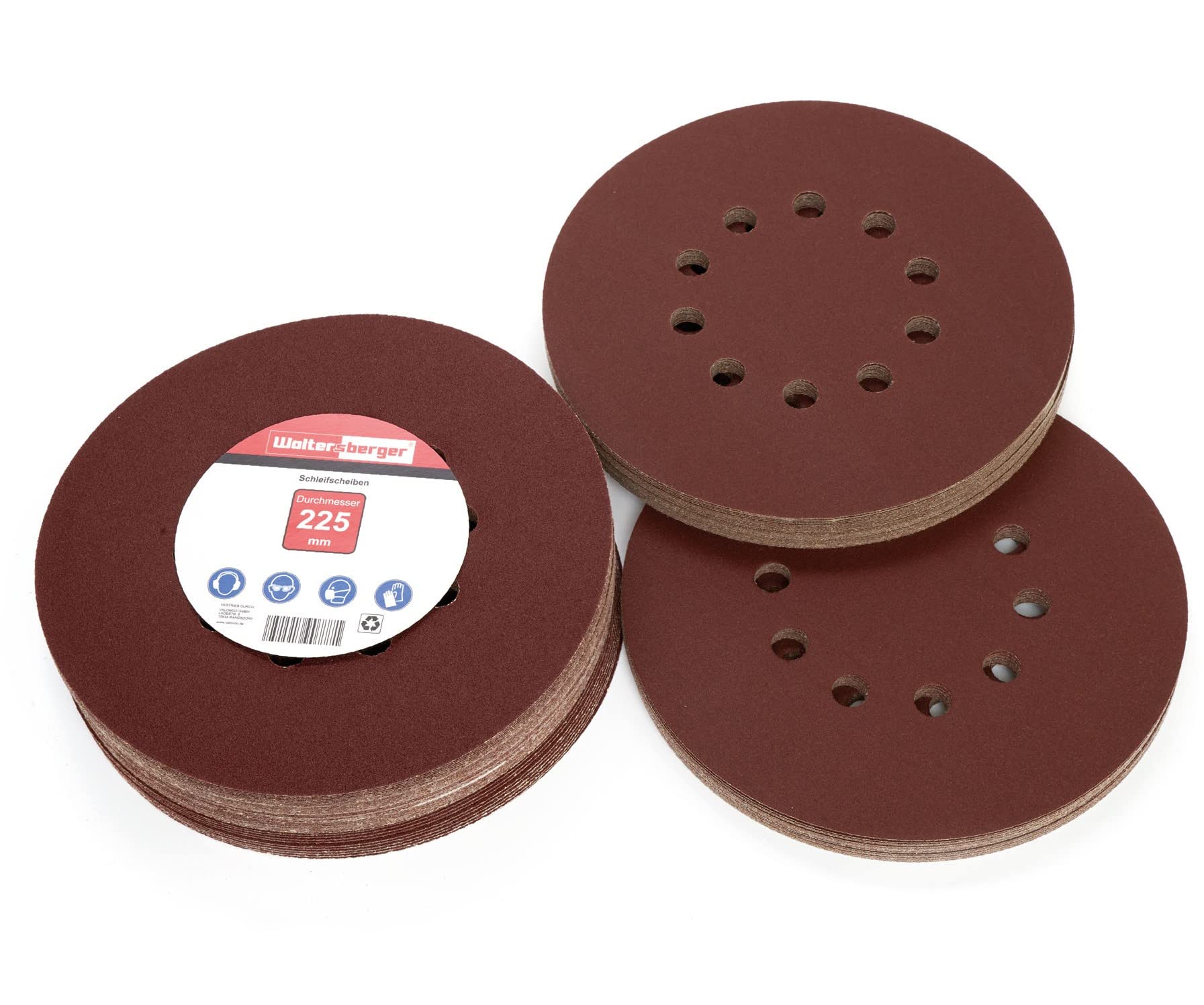 Woltersberger® Sanding Discs Diameter 225 mm - Set of 25 in Red - 6 Grits P40, P60, P80, P120, P220-10 Hole Velcro Sandpaper for Drywall Sanders & Sanding Giraffe - Robust & Perfect Fit