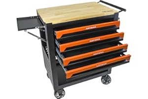 Campfun 4 Drawers Tool Box with Wheels Rolling Tool Cart with Drawers, Workbench Tool Box, Wooden Top Tool Boxes, Metal Multifunction Tool Cart for Garage, Warehouse, Repair Shop, Orange