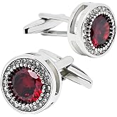 Jonwo Red Crystal Gemstone Cufflinks for Men Lady In Gift Case Silver Round Men's Cufflinks Jewelry Set for Wedding Anniversary Business Party Events Tuxedo Dress Shirt