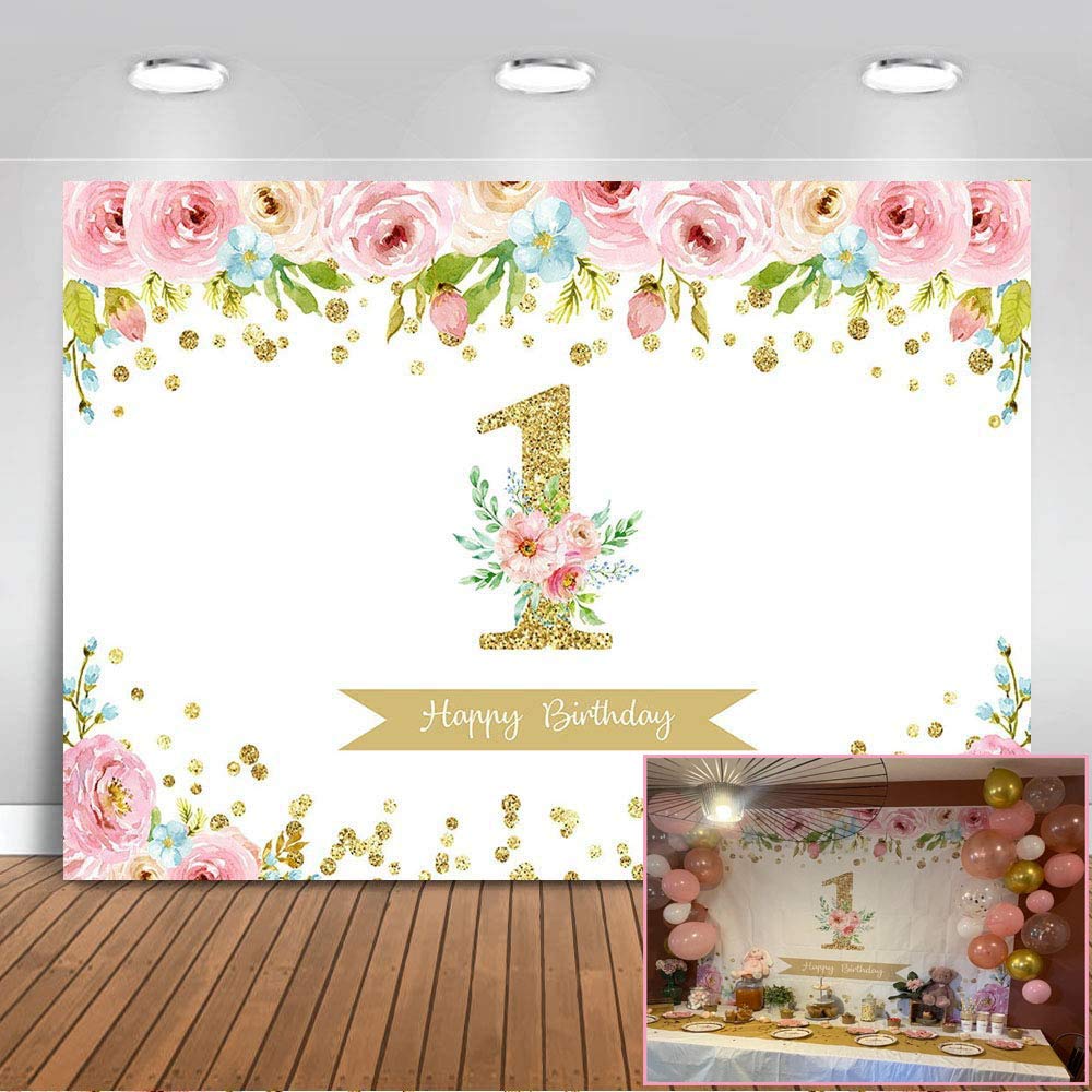 Avezano 1st Birthday Floral Backdrop Watercolor Flower Birthday Photography Backdrop Glitter Dots Pink Floral Background for Girls' Birthday Party (7x5ft)