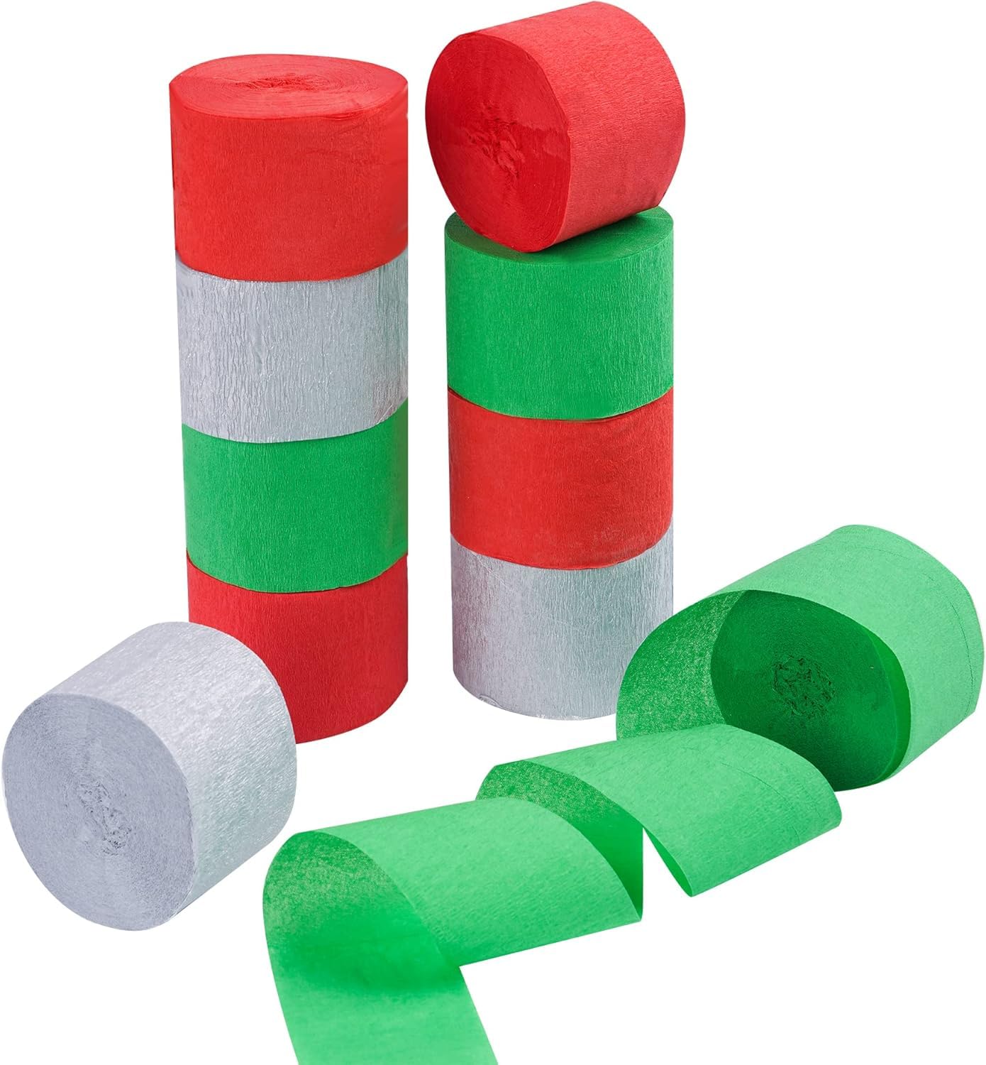 Belerry 10 Rolls Party Decorations Christmas Crepe Paper Streamers, Christmas Party Streamers, 810-Feet Red Green Silver Hanging Streamers, No Accidental Rips Crepe Paper for Indoor Outdoor Décor
