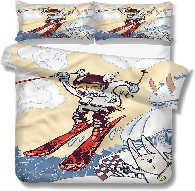 Mademai Twin Size Duvet Cover Set Kids,Cute Boy Skier with Dog Winter for Kids/Teens/Adults Hidden Zipper Quilt Cover Printed