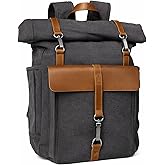 Bebowden Canvas Roll Head Backpack with Top Layer Cowhide Suitable Expandable Laptop Backpacks For 16 Inch Laptops, Vintage Backpacks For Men And Women Traveling, Hiking(8828-Gray)