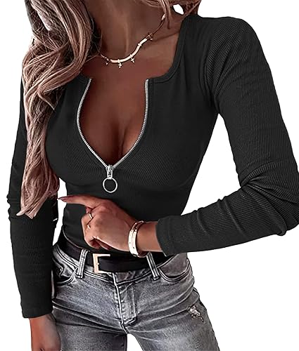 OwnTime Womens Sexy Tops Long Sleeve Henley Shirts Fitted Low Cut