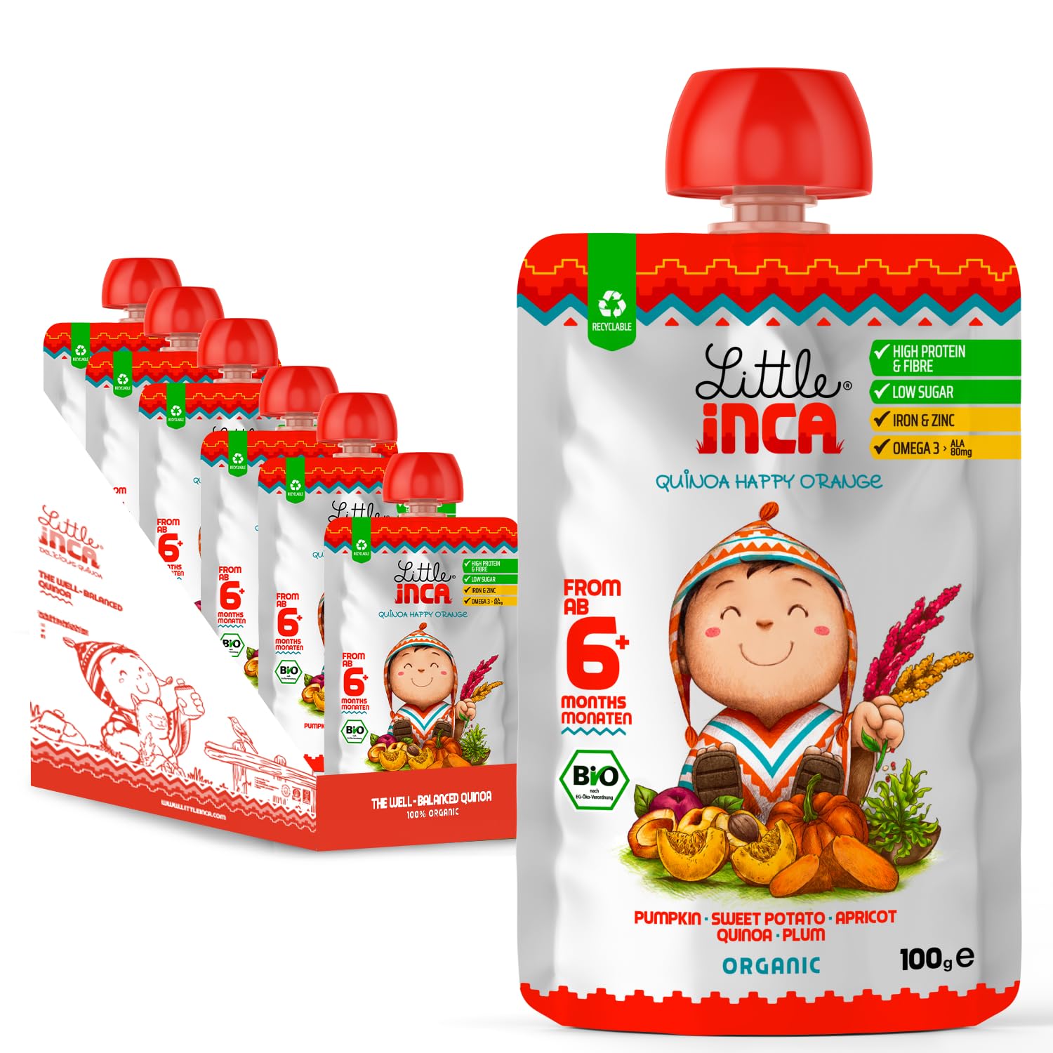 Little Inca Organic Baby Food Pouches The Happy Orange (6x100g) | Quinoa-based Dairy-Free Baby Pouches | 6 Months+ | Recyclable Plant-Based Veg & Fruit Pouches | Supports Gut/Cognitive Health