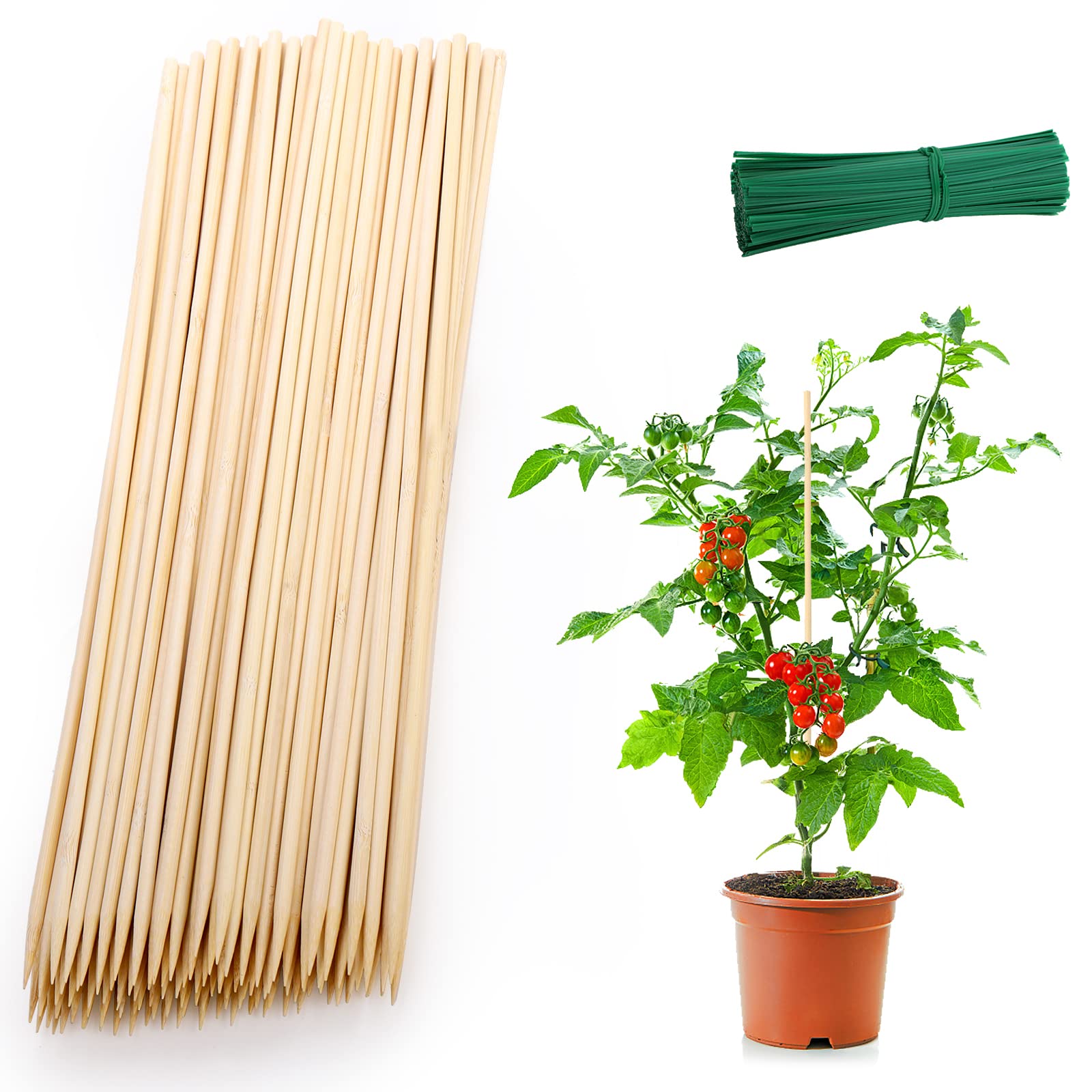 Frcctre 200 Pack 40cm Bamboo Plant Stakes, Plant Support Sticks with 200 Pcs 4" Wires, Plant Garden Sticks Wooden Sign Posting Garden Plant Support for Tomatoes, Floral, Potted Plants, Crafts