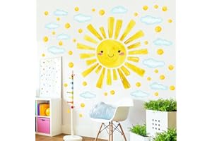 Eutecado Watercolor Large Sun Wall Decals Cloud Polka Dots Wall Stickers for Kids Room, 12 Sheets Lovely Smile Sun Wall Decor Stickers Peel and Stick Wall Decorations Stickers for Bedroom Nursery