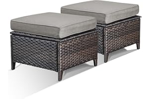 Bellefurn Patio Ottomans Set of 2 Outdoor Ottomans Wicker Foot Stools 2 Piece Footrest PE Rattan Ottomans with Thickened Cushions for Patio Garden Porch Balcony Poolside Deck, Brown|Grey