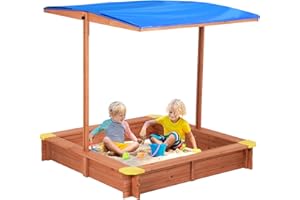 RENGUE Kids Sandbox with Cover, 47x47 inch Wooden Sandbox, Toddler Sandbox with UV-Resistant Adjustable Canopy for Beach, Backyard, Garden, Patio, Outdoor Play