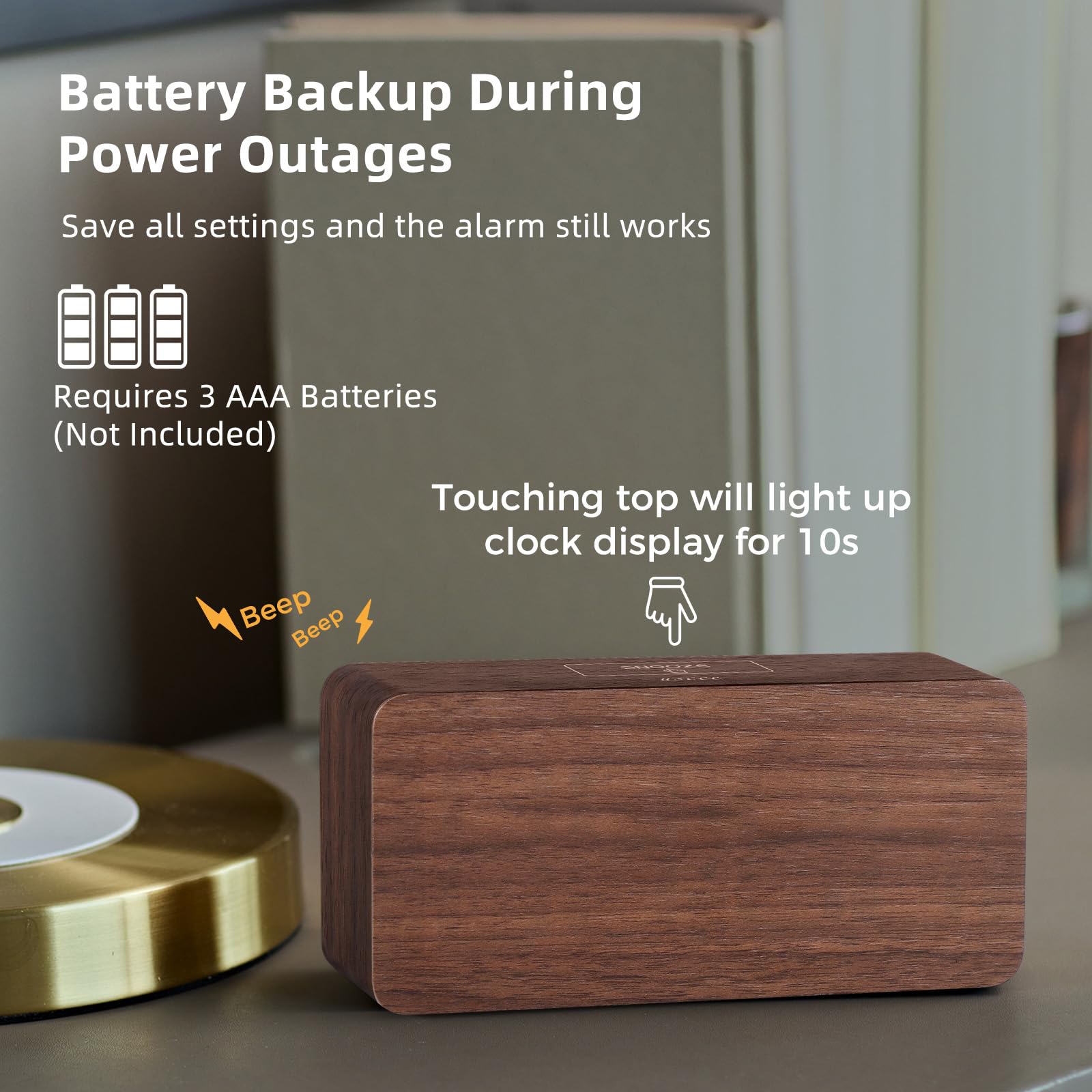 uscce Wooden Digital Alarm Clocks for Bedrooms: Dimmable Dual Alarm Clock with Large Numbers for Bedside Desk - Loud Alarm for Heavy Sleepers with Volume Control - Wood Decor & Gifts