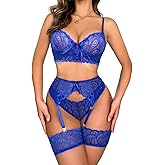 MIYALOVE Sexy Lingerie for Women,3 Piece Lace Lingerie Set Bra and Panty Sets with Garter Belt Babydoll Teddy