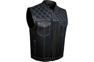 Dream Apparel Men's SOA Denim & Leather Motorcycle Vest for Riding w/ 2 Concealed Carry Pockets, Biker Vest Black Club Vest