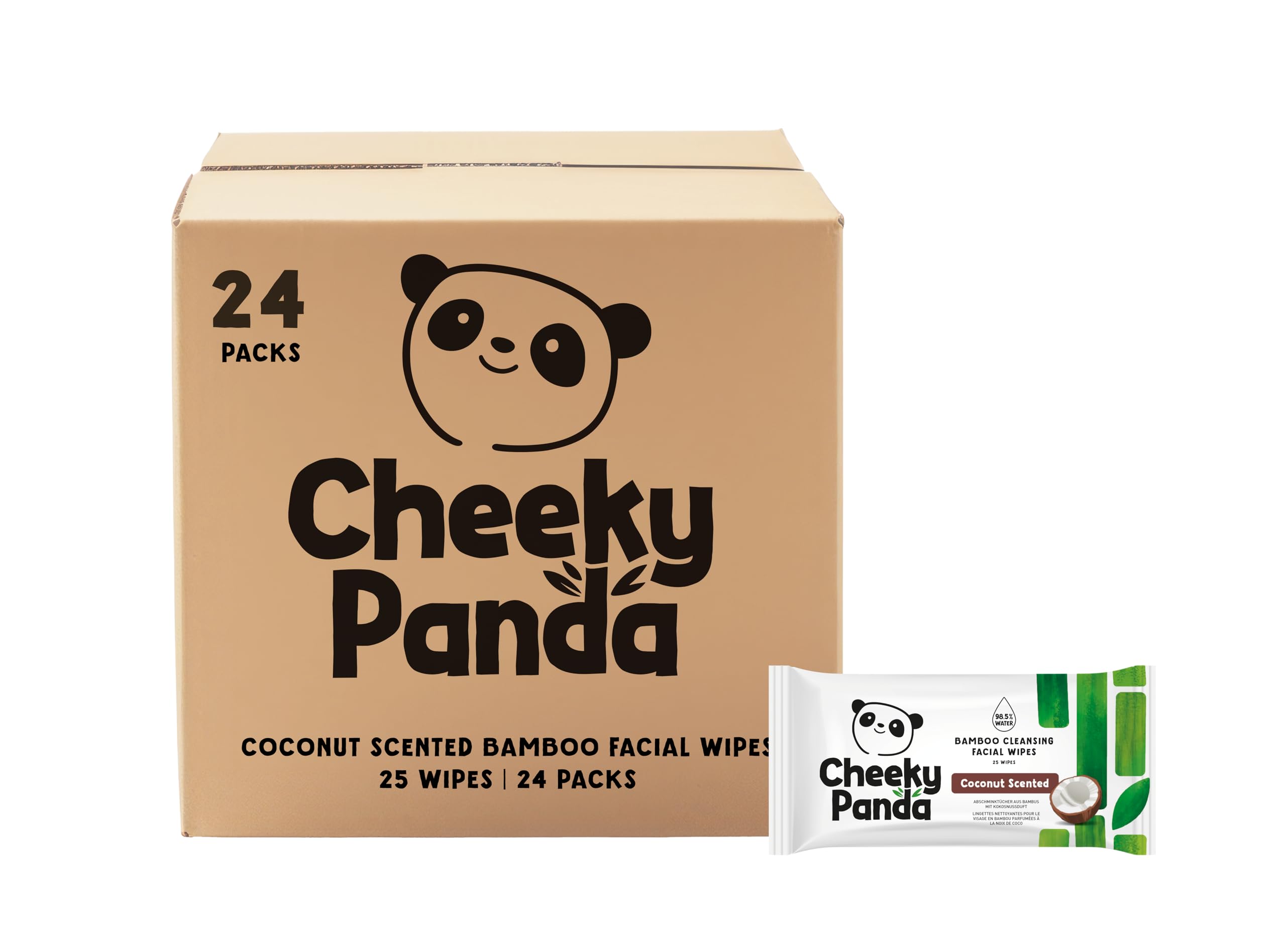 The Cheeky Panda – Facial Wipes, Coconut Scented | Bulk Box of 24 Packs (25 Wipes per Pack, 600 Wipes Total) | Make Up Remover, Hypoallergenic, Eco-Friendly, Super Soft, Kind to Skin & Sustainable