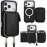 Bocasal for MagSafe Crossbody Wallet Case Compatible with iPhone 17 Pro, RFID Blocking Protective Purse Case with Card Slots Holder Kickstand Wrist Strap Lanyard Zipper 6.3 Inch 5G (Black)