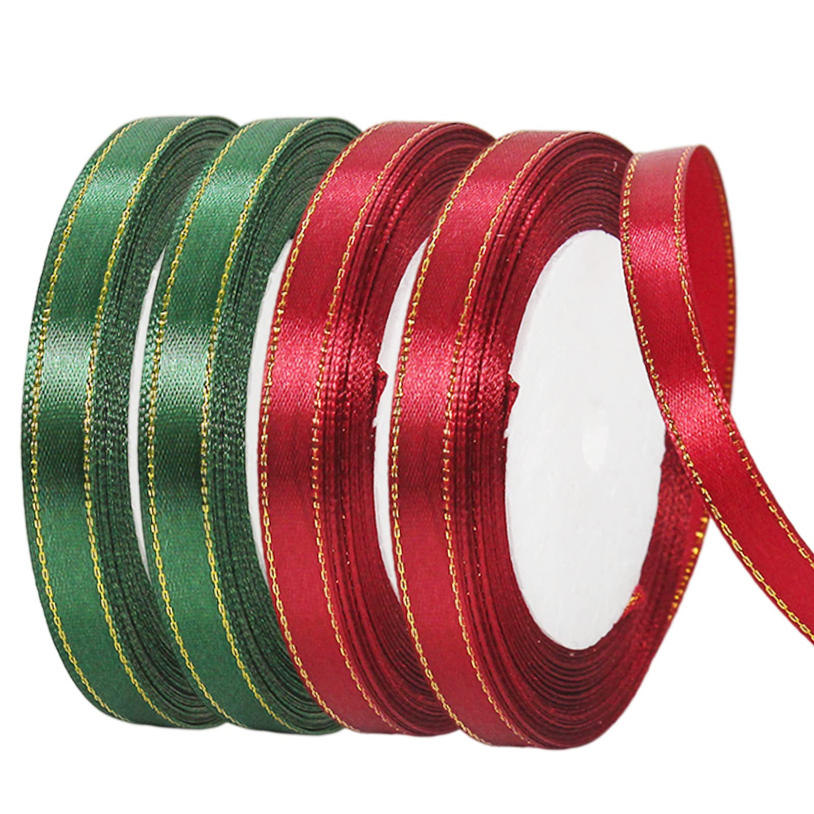 YAAVAAW 4 Rolls Burgundy Red, Dark Green Ribbon 10mm for Christmas Gift Wrapping 22M, Double Sided Thick Satin Crafting Cake Ribbon,Hair Bow Ribbon,Balloon, Christmas,Wedding Car