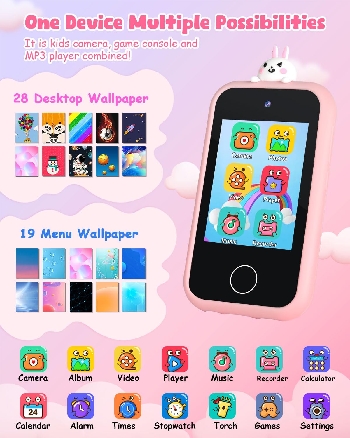 Bunyta Unicorn Kids Smart Phone - 2.8 Inch Touchscreen, Dual Camera, Music Player, Puzzle Games, Learning Toys, Birthday for Girls 3-10, 32GB SD Card (Pink)