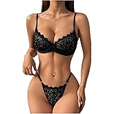 SOLY HUX Women's Bra and Panty Sets Lace Sheer Underwire Push Up Sexy Lingerie 2 Piece Set