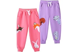 HILEELANG Girls Cotton Joggers Sweatpants Embroidery Drawstring Waist Pockets Casual Pants for Kids 12M-7Y