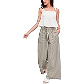 Yeokou Women's Wide Leg Pants Drawstring Striped Cotton Mid Rise Casual Long Palazzo Trousers with Pockets