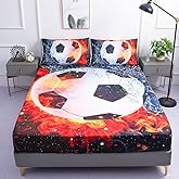 Roscloud Sports Soccer Balll Sheets Sets Full Size - 3PC Ice Flame Galaxy Soccer Ball Boys Fitted Sheets（Fitted Sheet1 Pillowcases2）