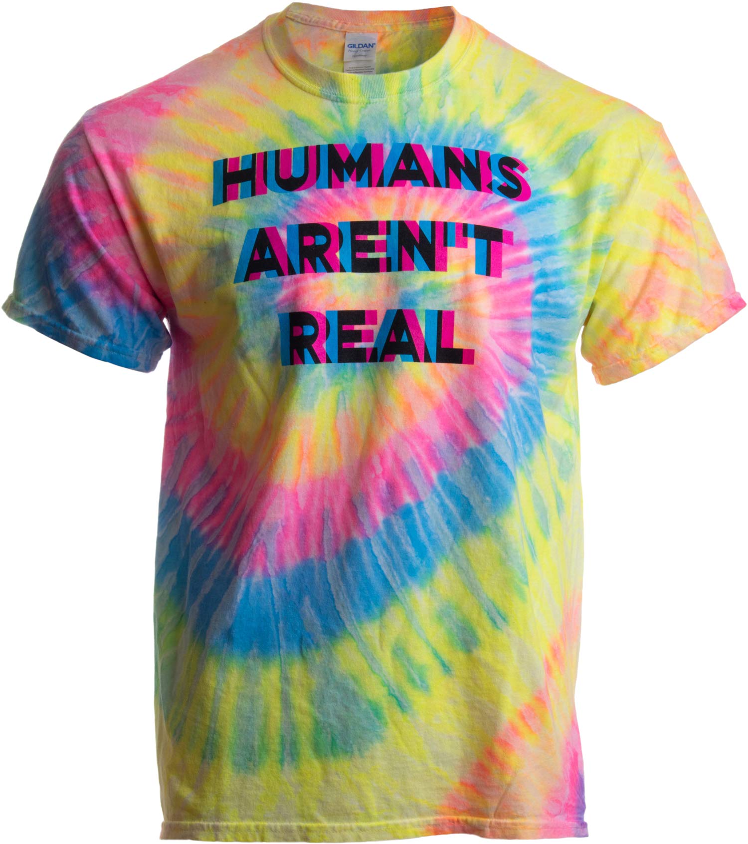 Ann Arbor T-shirt Co. Los humanos no son reales | Camiseta divertida Festival Hippy Rave Drug Tie Dye para hombres o mujeres - M