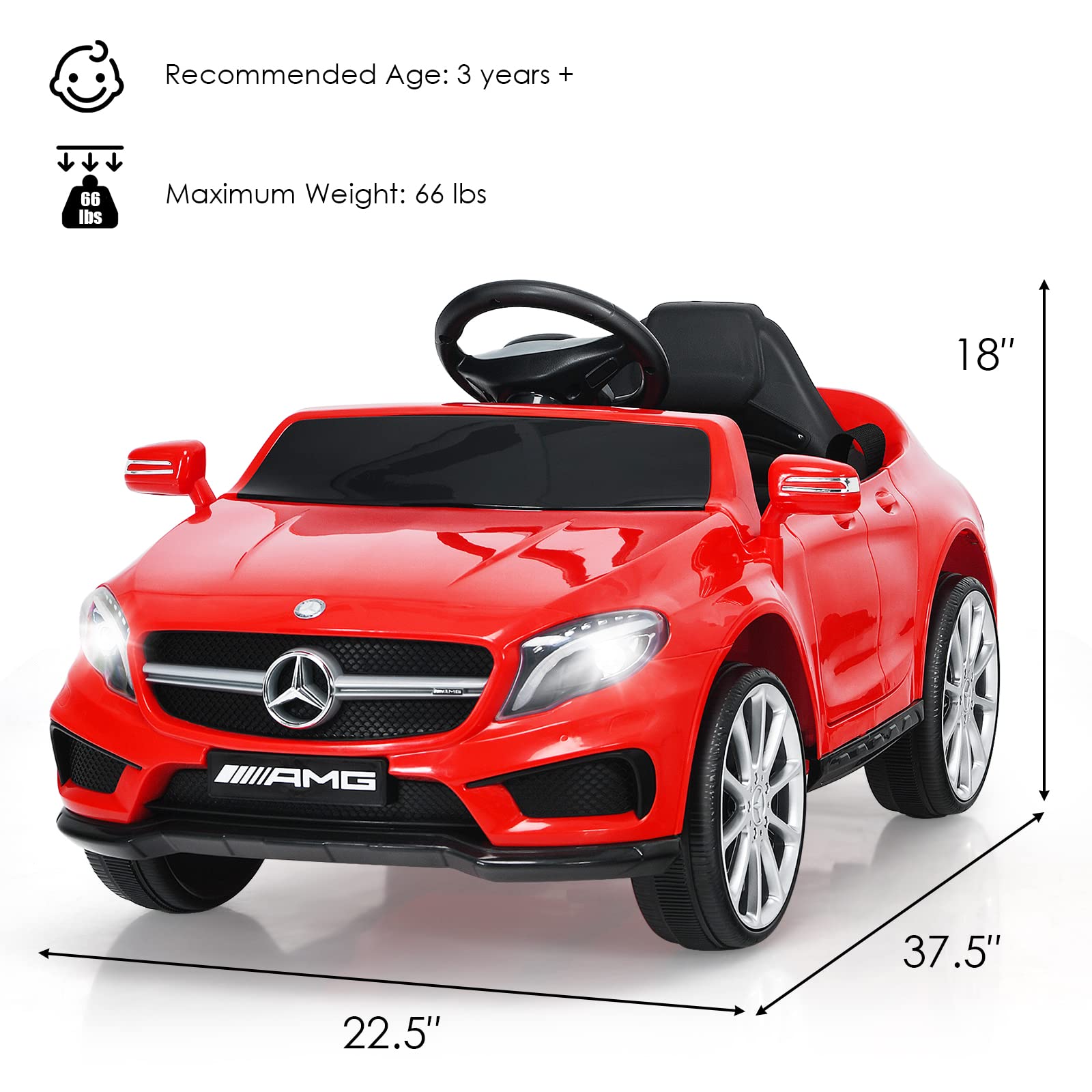 OLAKIDS Kids Ride On Car with Remote Control, 12V Licensed Mercedes Benz GLA45 Electric Vehicle for Toddlers, Battery Powered Toy with Music, USB, MP3, 2 Speeds, Wheels Suspension, LED Lights (Red)