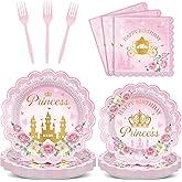 96pcs Princess Birthday Party Decorations Pink Princess Scalloped Plates Napkin Tableware Set Pink Floral Gold Castle Fairytale Disposable Tableware for Girls Birthday Baby Shower Party Supplies Favor