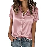 Zeagoo Satin Blouses for Women Silk Button Down Shirts Short Sleeve Business Casual Tops