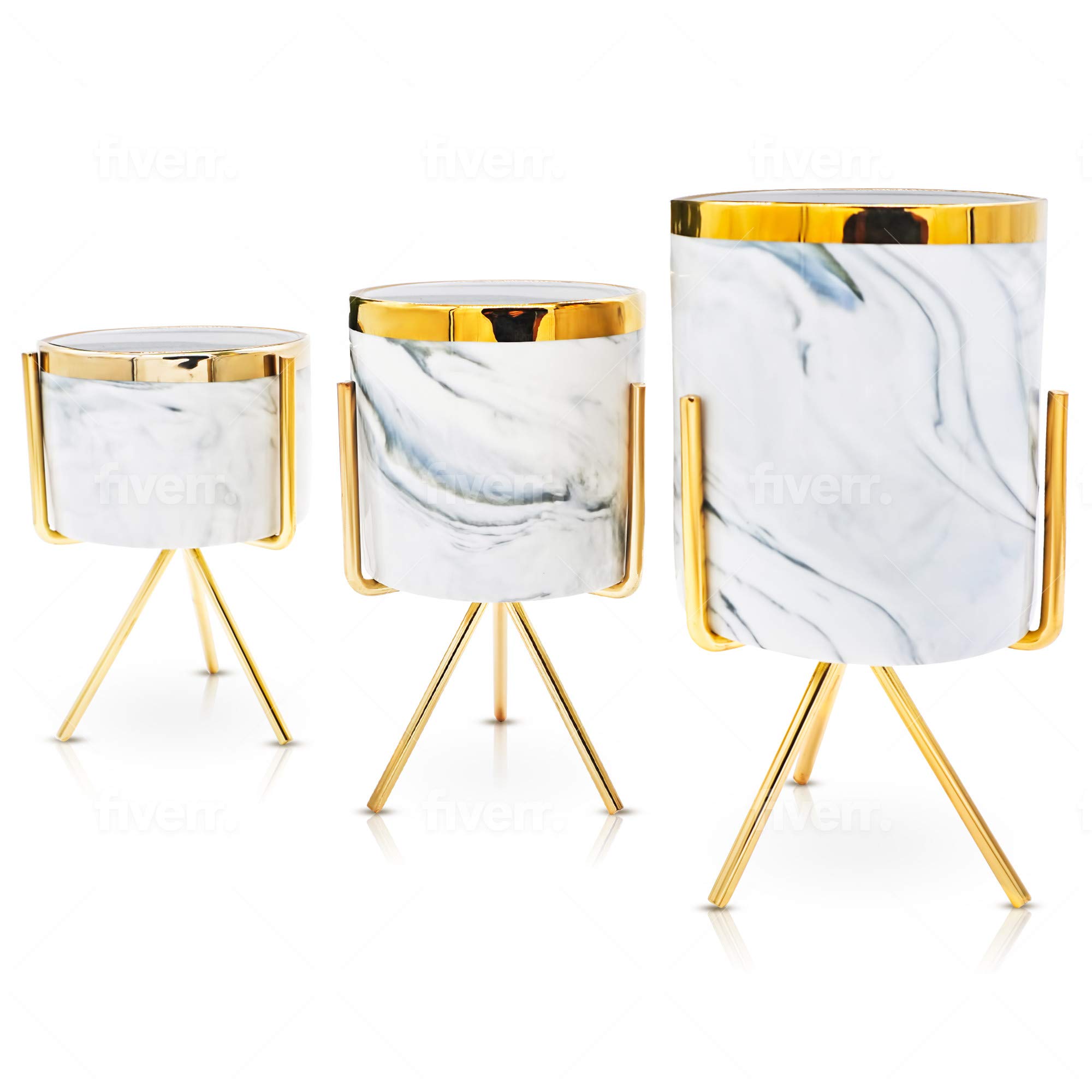 Set of 3 Small Grey Porcelain Pots l Gold Color Strips & Gold Color Metal Stand l Prestige Marble Look for Artificial Cactus ,Flowers, Small Succulents & More l Gift Idea for Home & Office