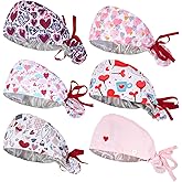 6 Pcs Valentine‘s Day Satin Lined Working Hat, Heart Pattern Scrub Cap, Women Nurse Surgical Hat Adjustable Tie Back Cover Hair with Button Sweatband for Doctor Nurse