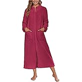 Ekouaer Women Zipper Robe Fleece Long Sleeves Bathrobe Sleepwear Warm Soft Housecoat with Pockets Zip Up House Dresses
