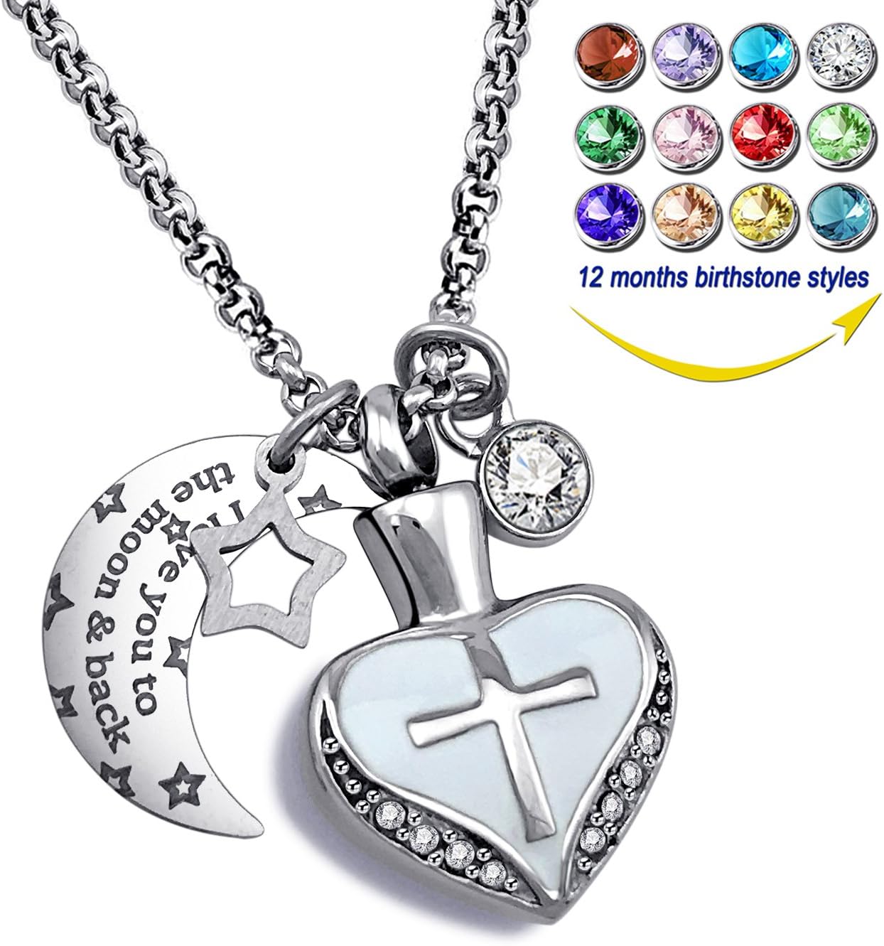 YOUFENG Urn Necklaces for Ashes I Love You to The Moon and Back Cross Necklace Birthstone CZ Keepsake Pendant