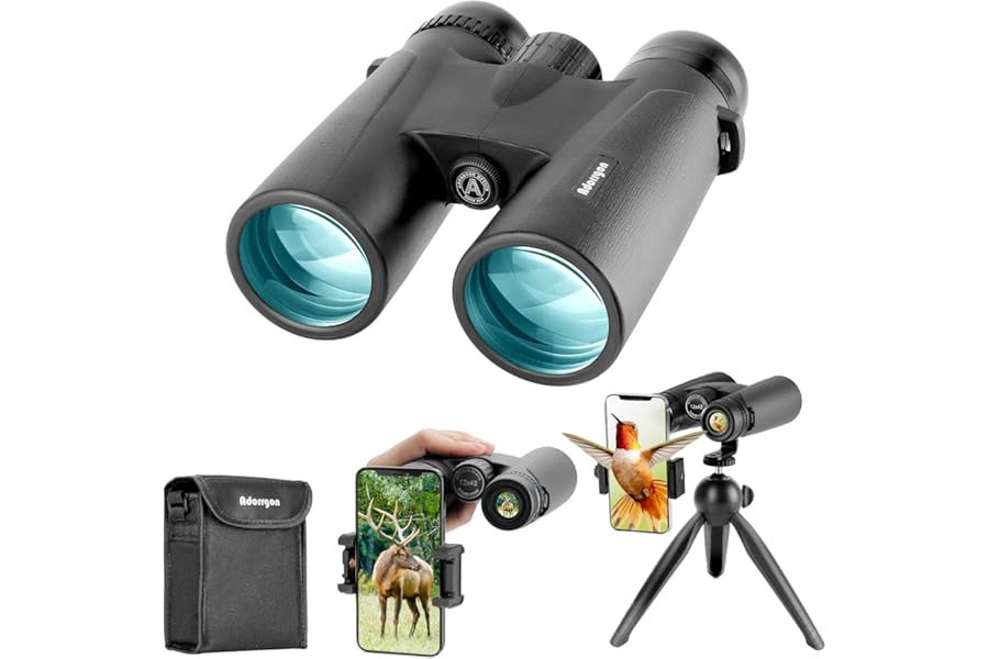 Adorrgon 12x42 HD Binoculars for Adults High Powered with Phone Adapter, Tripod and Tripod Adapter - Large View Binoculars with Clear Low Light Vision - Binocular for Bird Watching Cruise Travel