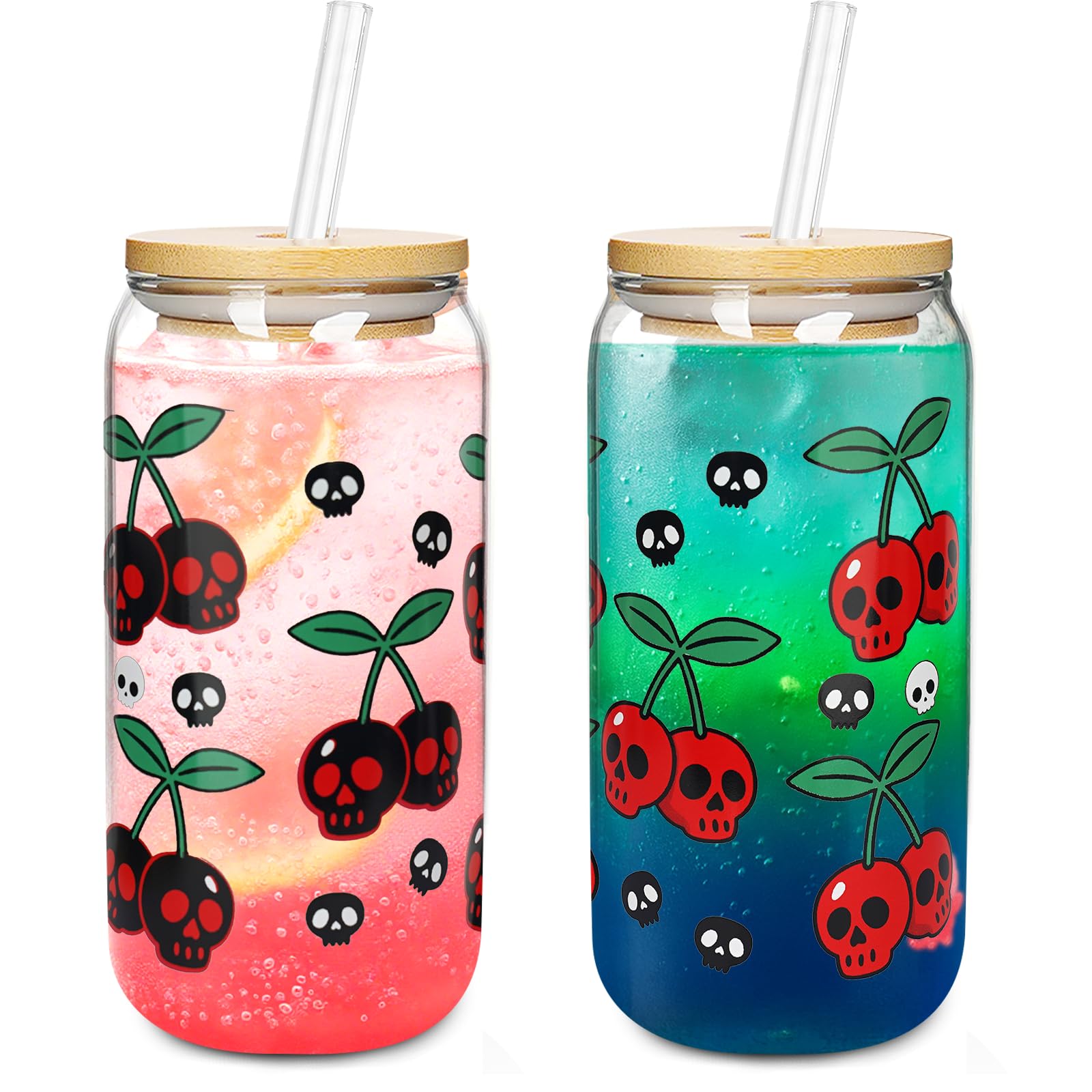 Photo 1 of ONEHAUS Halloween Cups 2 Pcs, 18 oz Skull Glass Cups with Lids and Straws Ghost Mug Glass Tumbler Mason Jar Iced Coffee Can, Spooky Gifts Boo Basket Stuffers Drinking Glasses Halloween Decorations