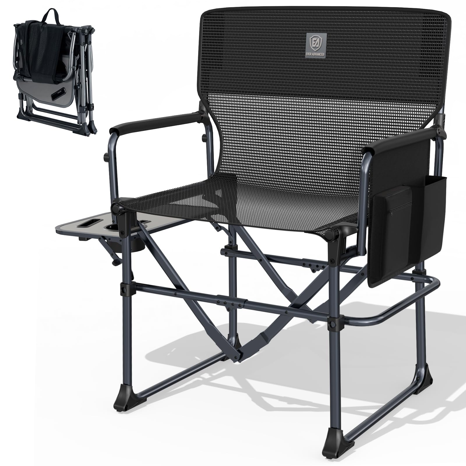 EVER ADVANCED Camping Directors' Chair with Side Table, Portable Folding with Compact Size, Breathable & Quick Dry Design Heavy Duty Lawn Chair with Pocket, 400lbs, Textilene Mesh, Black Image