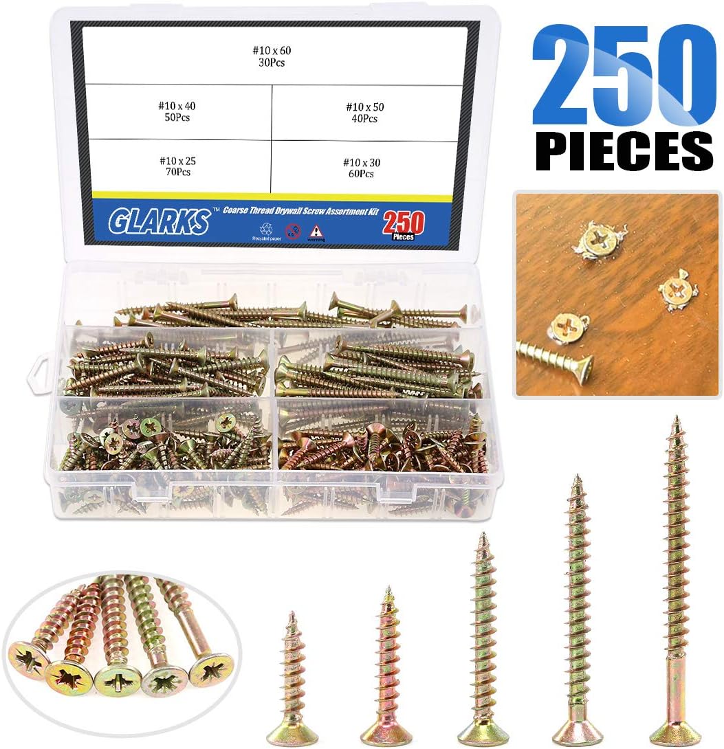 Glarks 250pcs 5 Size 10 Coarse Thread Phillips Drywall Screws With Bugle Head For Drywall Sheetrock Ceiling And Wood Zinc Plated Carbon Steel